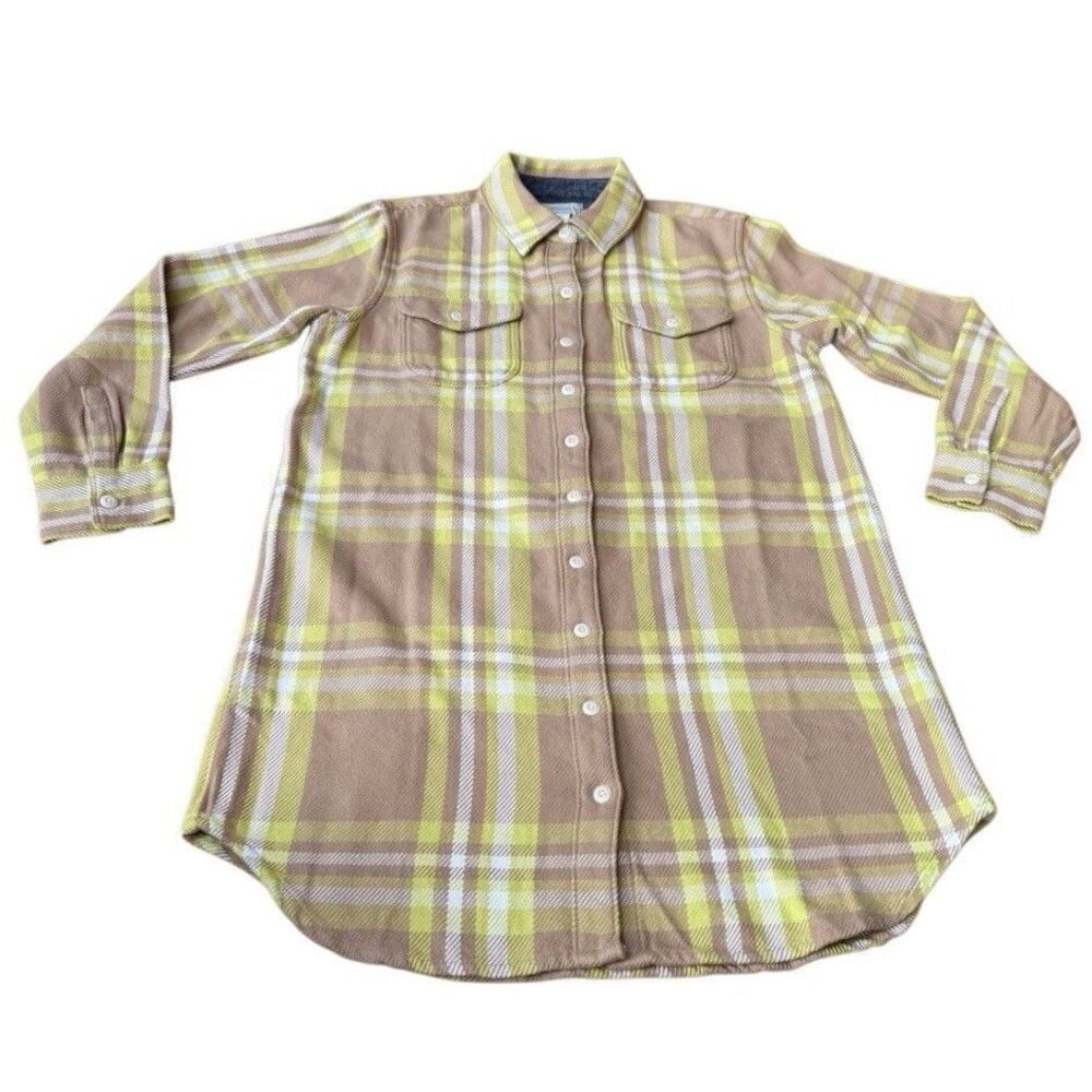 OUTERKNOWN Blanket Shirt Small Flannel Plaid Beige Yellow Tunic Dress NEW $168
